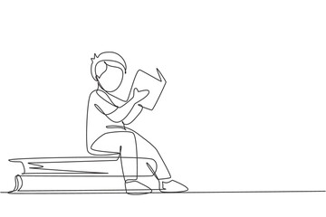 Poster - single one line drawing little boy reading, learning and sitting on big books. study in library. int