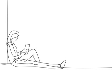 Poster - Continuous one line drawing young female reading, learning, sitting and backrest on the wall. Study at home. Smart student, education concept, fair. Single line draw design vector graphic illustration