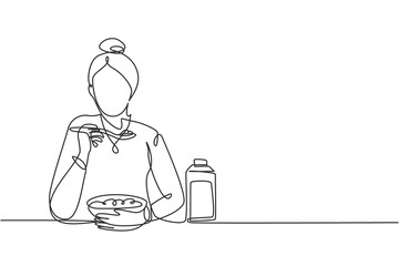 Poster - single one line drawing young woman having cereal meal with milk and spoon. enjoy breakfast at home.