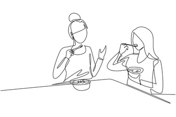 Poster - Single continuous line drawing mom and daughter having cereal meal together around table. Happy and enjoy breakfast at home. Tasty and healthy food. One line draw graphic design vector illustration