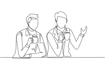 Poster - Continuous one line drawing two young men sitting over a cup of coffee and talking about work plans in the office. Success lifestyle concept. Single line draw design vector graphic illustration