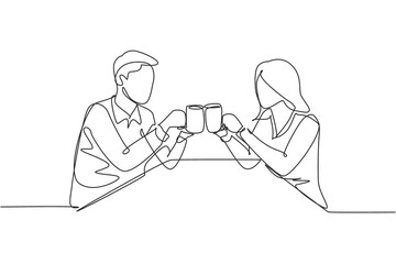 Poster - continuous one line drawing young couple sitting, holding cups filled with drinks and toast to celeb