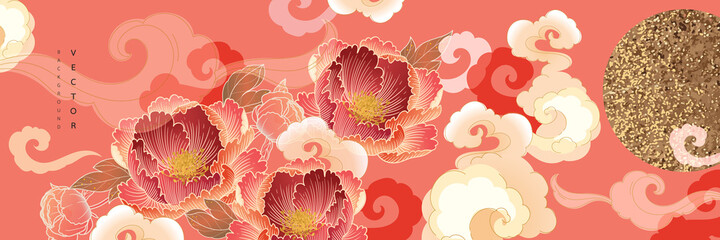 Asian background ,Oriental Chinese and Japanese style abstract pattern background design  with peony flower decorate in water color texture