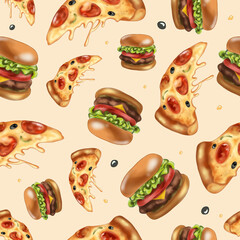 Bright seamless pattern with pepperoni pizza, burgers. On beige background. No Diet Day. Trendy graphic fast food illustration. For packaging, menu, background, printing on fabric, clothing.