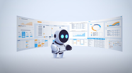 Poster - cute robot analyzing statistics financial data on virtual boards artificial intelligence technology 