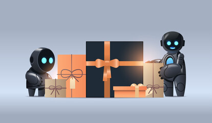 Poster - robots near wrapped gifts birthday or holiday celebration artificial intelligence technology concept