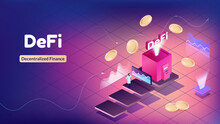 Vector Illustration DeFi Banner Ecosystem For Website Or News. Cryptocurrency Is Rising In Price. Decentralized Finance