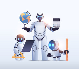 Poster - robot teacher with robotic students standing together artificial intelligence technology concept
