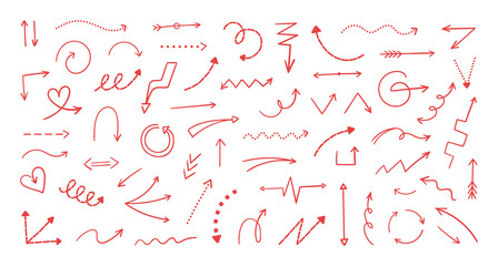 Aufkleber - Doodle arrows. Hand drawn direction signs. Cartoon abstract sketch. Pencil graphic art. Mathematic red symbols. Minimalistic way pointers. Funny scribble background. Vector icons set