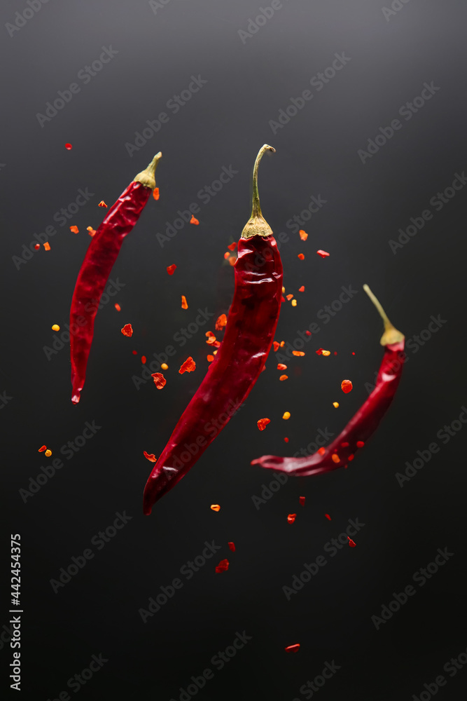 Dry chili peppers on dark background