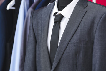 Mannequin with stylish male suit, closeup