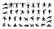Human sport icons. Training persons silhouettes. Signs of people doing fitness and weightlifting exercises or practicing yoga. Stretching or bodybuilding workout. Vector symbols set