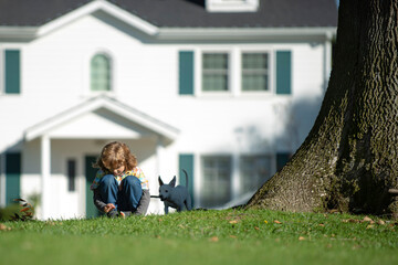 Wall Mural - Kids insurance. Child with dog walking outdoor. Puppies and child playing in park. Family, parenthood, childhood concept.