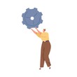 © Good Studio - Person holding metal gear in hands as symbol of personal settings. Woman with cogwheel. Concept of technical works, repair and maintenance. Flat vector illustration isolated on white background