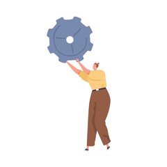 Aufkleber - Person holding metal gear in hands as symbol of personal settings. Woman with cogwheel. Concept of technical works, repair and maintenance. Flat vector illustration isolated on white background