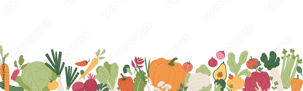 Fresh vegetables and greens border. Banner with healthy organic farm food. Natural veggies of summer and autumn seasons. Colored flat vector illustration of fall harvest isolated on white background - obrazy, fototapety, plakaty 