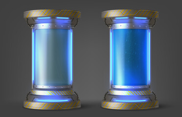 cryonics capsules, empty and full futuristic containers, glass tubes with cryogenic liquid for hiber