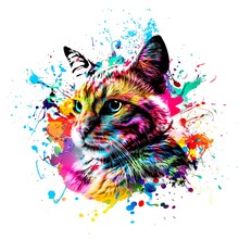 Maine Coon Colorful Artistic Cat Muzzle With Bright Paint Splatters On White Background.