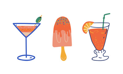 Sticker - Summer Holiday and Beach Resort Symbols with Refreshing Cocktail and Ice Cream Vector Set