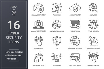 Aufkleber - Cyber security line icons set. Black vector illustration. Editable stroke.