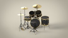 Back View Of Professional Black Drum Kit With Gold Lines Isolated On Solid Brown Background 3d Rendering Image