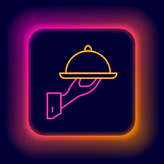 Sticker - Glowing neon line Covered with a tray of food icon isolated on black background. Tray and lid sign. Restaurant cloche with lid. Colorful outline concept. Vector