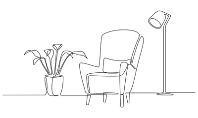 Poster - One continuous Line drawing of armchair and lamp and plant. Modern flat furniture for living room interior in simple linear style. Editable stroke Vector illustration