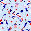 Seamless pattern with red blue white stars, fireworks, american flag, rocket. Patriotic backdrop.