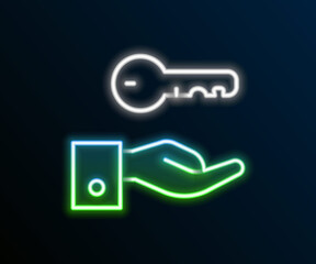 Wall Mural - Glowing neon line Hotel door lock key icon isolated on black background. Colorful outline concept. Vector