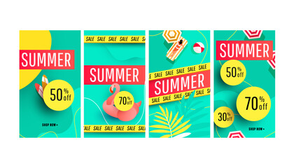 Wall Mural - Editable sale summer banner story template pack with beach accessories, green tropical palm on bright shaped backgrounds. Vector illustration