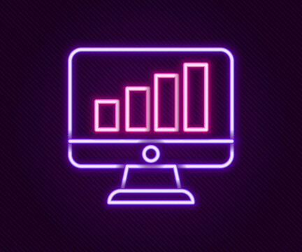 Glowing neon line Computer monitor with graph chart icon isolated on black background. Report text file. Accounting sign. Audit, analysis, planning. Colorful outline concept. Vector