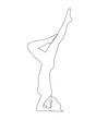 Hand drawn headstand yoga girl, one line art, stylized continuous outline. Woman does exercise for health and harmony of soul. Doodle, sketch style. Isolated. Vector illustration