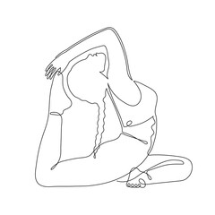 Hand drawn flexible yoga girl in the pigeon pose, one line art,stylized continuous outline.Woman does exercise for health and harmony of soul. Doodle, sketch style. Isolated. Vector illustration