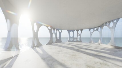 Architecture interior background room with sea view 3d render