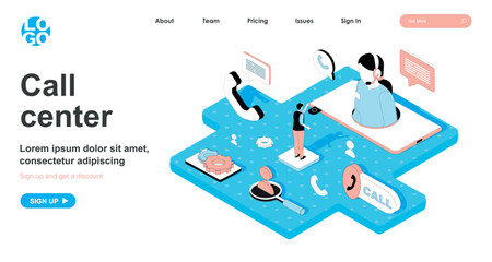Sticker - call center isometric concept. operator answers customer calls, technical support hotline, online co