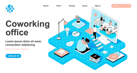 Aufkleber - Coworking office isometric concept. Business meeting of company employees, freelancer works in open office workplace, line flat isometry web banner. Vector illustration in 3d design for landing page