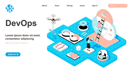 Poster - DevOps isometric concept. Monitoring and optimization of development processes and operations, teamwork administration, line flat isometry web banner. Vector illustration in 3d design for landing page