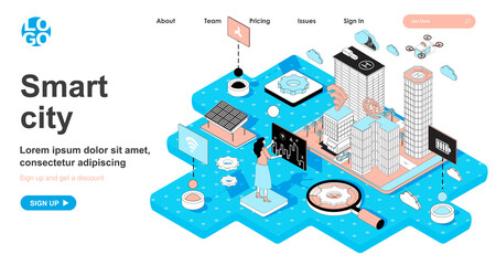 Fototapete - Smart city isometric concept. Future cityscape, skyscrapers and infrastructure, management with wireless technology, line flat isometry web banner. Vector illustration in 3d design for landing page