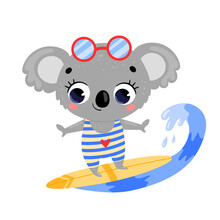 Flat Vector Doodle Cute Cartoon Summer Surfing Koala. Tropical Animals On The Beach