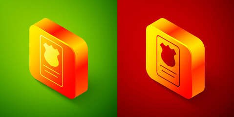 Isometric Police badge with id case icon isolated on green and red background. Square button. Vector