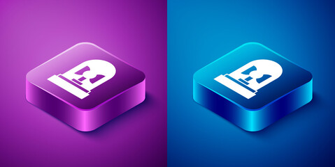 Poster - Isometric Flasher siren icon isolated on blue and purple background. Emergency flashing siren. Square button. Vector