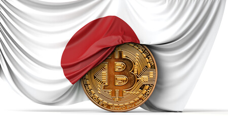 Wall Mural - Japan flag draped over a bitcoin cryptocurrency coin. 3D Rendering