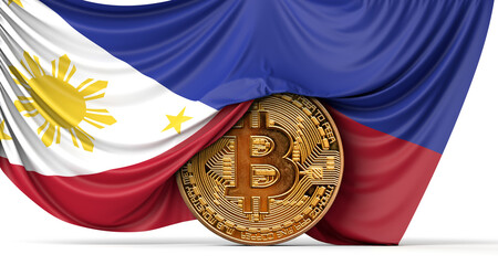 Wall Mural - Philippines flag draped over a bitcoin cryptocurrency coin. 3D Rendering