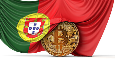 Wall Mural - Portugal flag draped over a bitcoin cryptocurrency coin. 3D Rendering