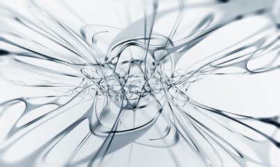 Poster - Communication and development. High resolution poster on high technology theme. Black and white abstract image of a neural network. 3D illustration of nanotechnological synthetic materials