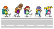 Kinder als Schüler auf dem Schulweg an Straße