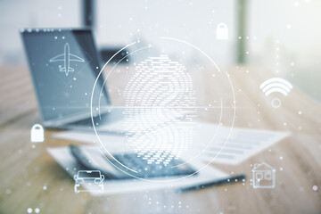 Aufkleber - Multi exposure of virtual creative fingerprint hologram on blurry calculator with laptop background, personal biometric data concept