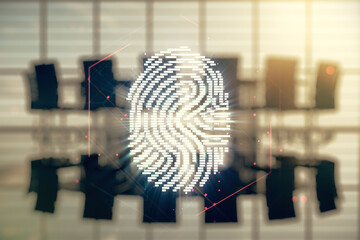 Poster - Multi exposure of virtual fingerprint scan interface on a modern furnished office interior background, digital access concept