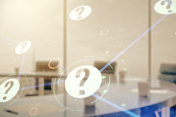 Poster - Abstract virtual question mark sketch on a modern boardroom background, FAQ and research concept. Double exposure