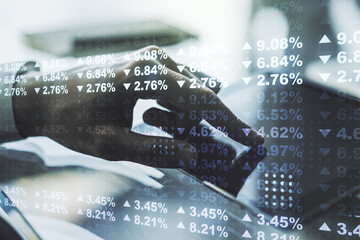 Poster - Multi exposure of stats data illustration with finger presses on a digital tablet on background, computing and analytics concept